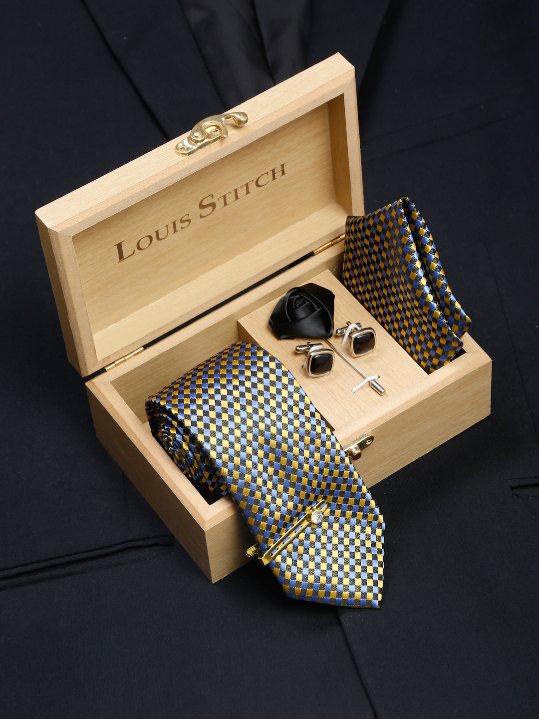 Canary Yellow Luxury Italian Silk Necktie Set With Pocket Square Cufflinks Brooch Gold Tie pin