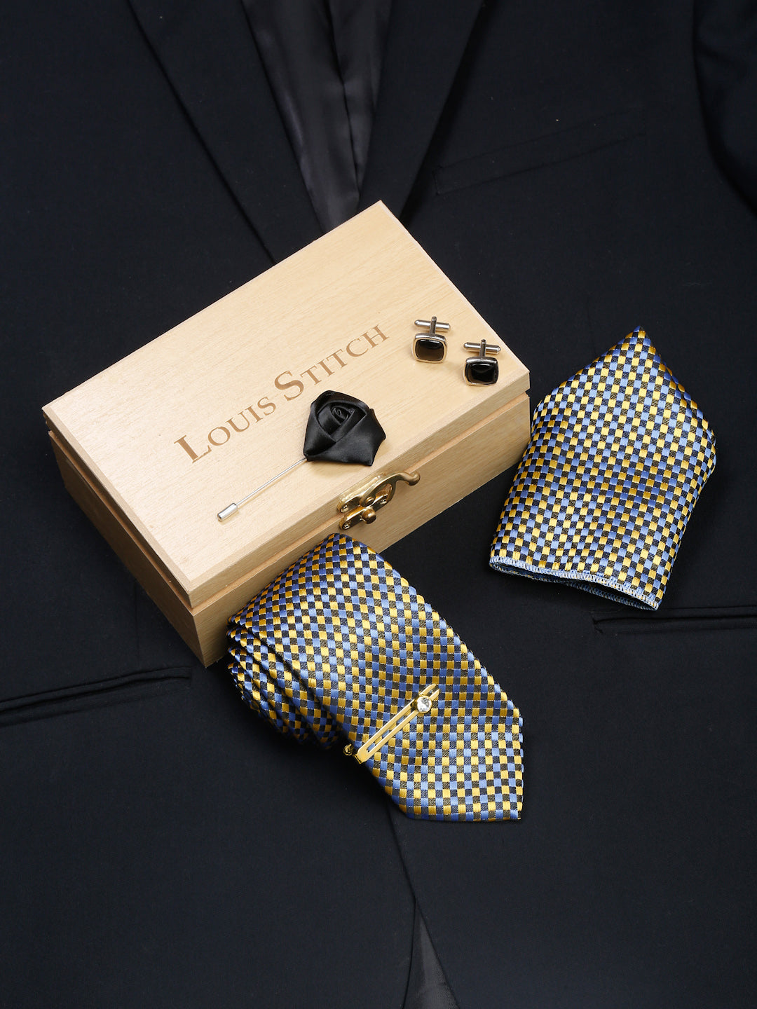 Canary Yellow Luxury Italian Silk Necktie Set With Pocket Square Cufflinks Brooch Gold Tie pin