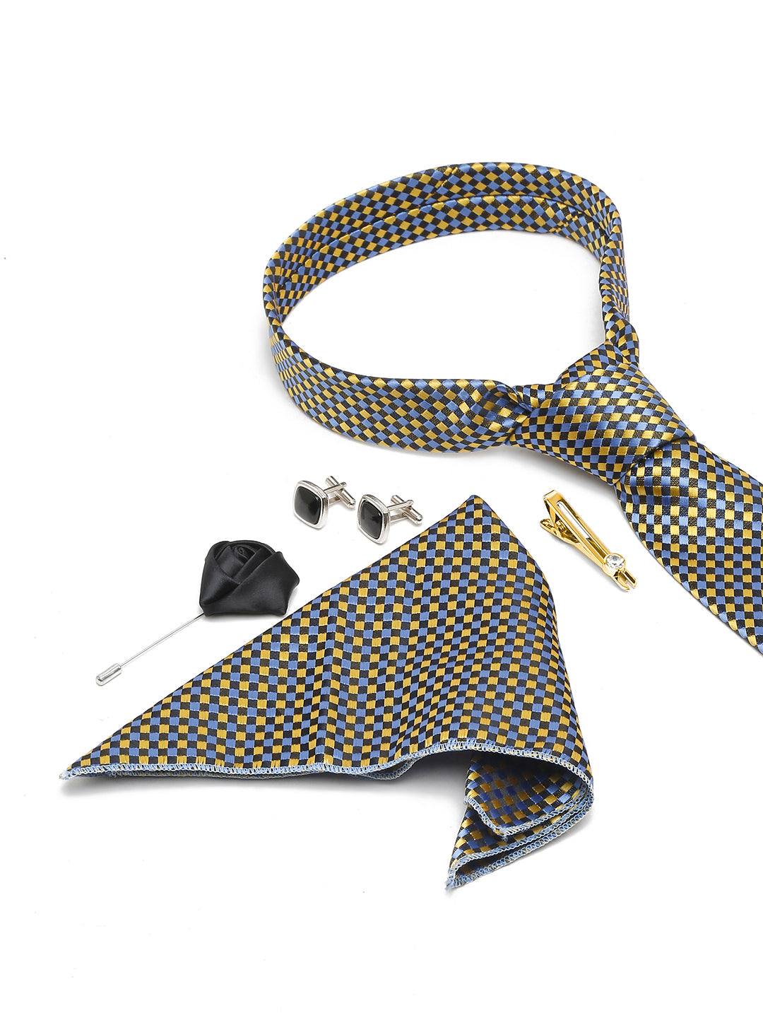 Canary Yellow Luxury Italian Silk Necktie Set With Pocket Square Cufflinks Brooch Gold Tie pin
