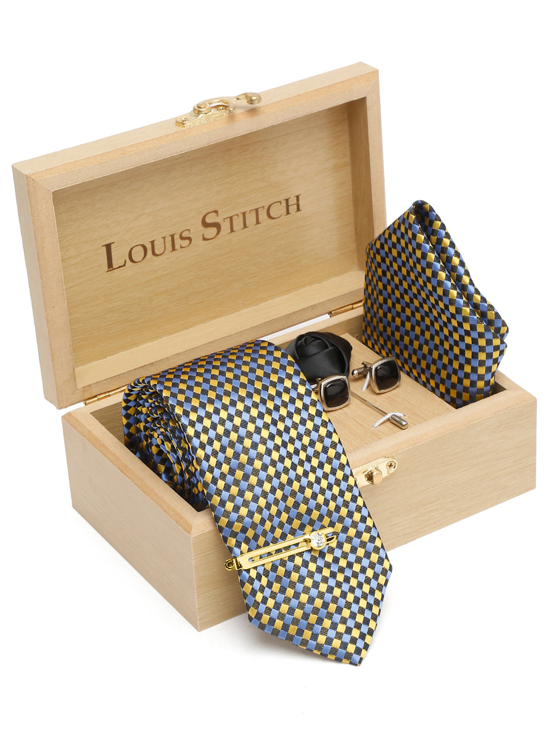 Canary Yellow Luxury Italian Silk Necktie Set With Pocket Square Cufflinks Brooch Gold Tie pin
