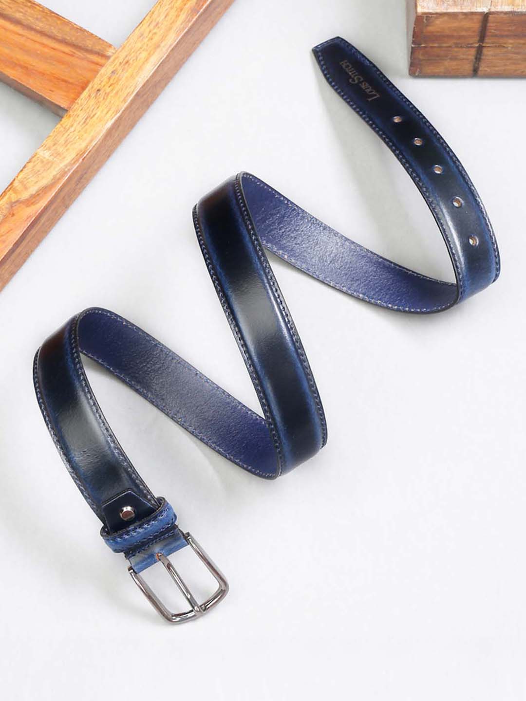 Men'S Navy Blue Italian Raw Crunch Leather Belt Handcrafted With Glossy Buckle