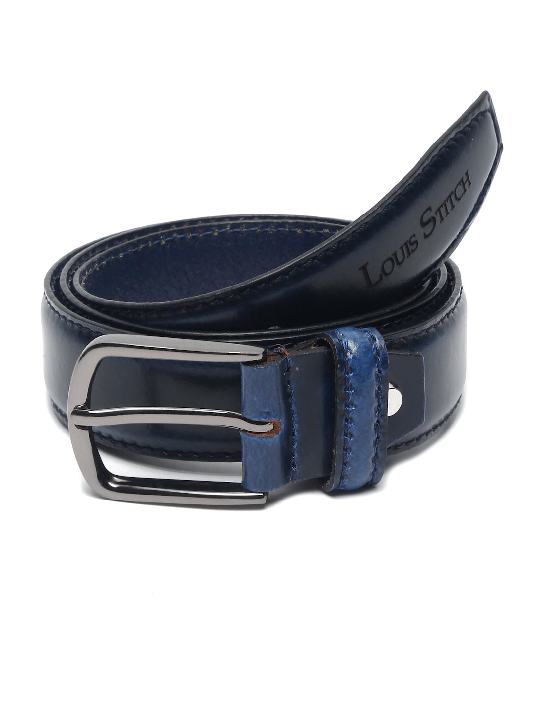 Men'S Navy Blue Italian Raw Crunch Leather Belt Handcrafted With Glossy Buckle