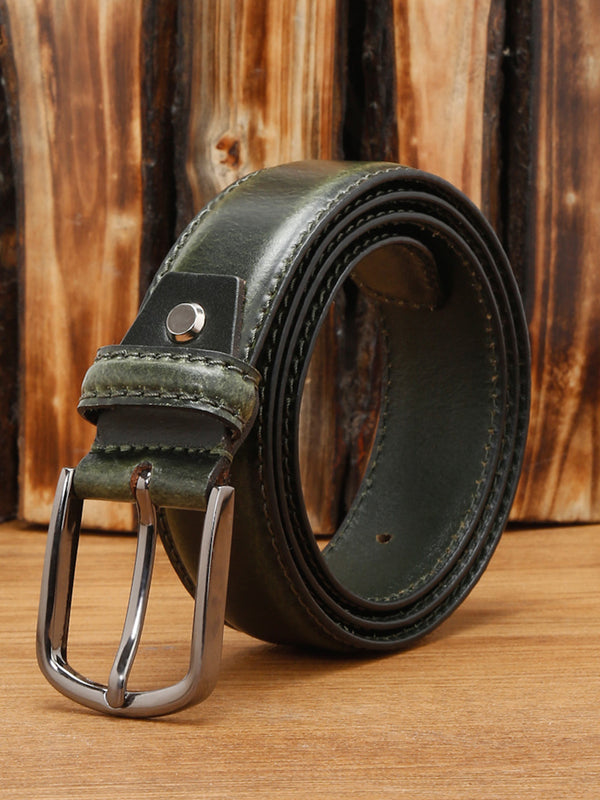 Green Men'S Seaweed Green Italian Raw Crunch Leather Belt Handcrafted With Glossy Buckle