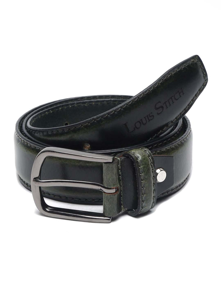 Green Men'S Seaweed Green Italian Raw Crunch Leather Belt Handcrafted With Glossy Buckle
