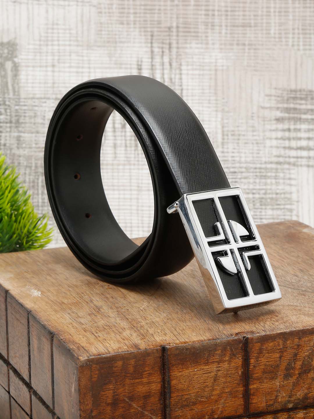 Black/Chrome Men's Black Formal Italian Leather Textured Belt For Men