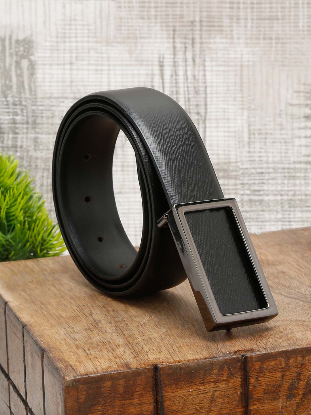 Black/Gunmetal Men's Black Formal Italian Leather Textured Belt For Men