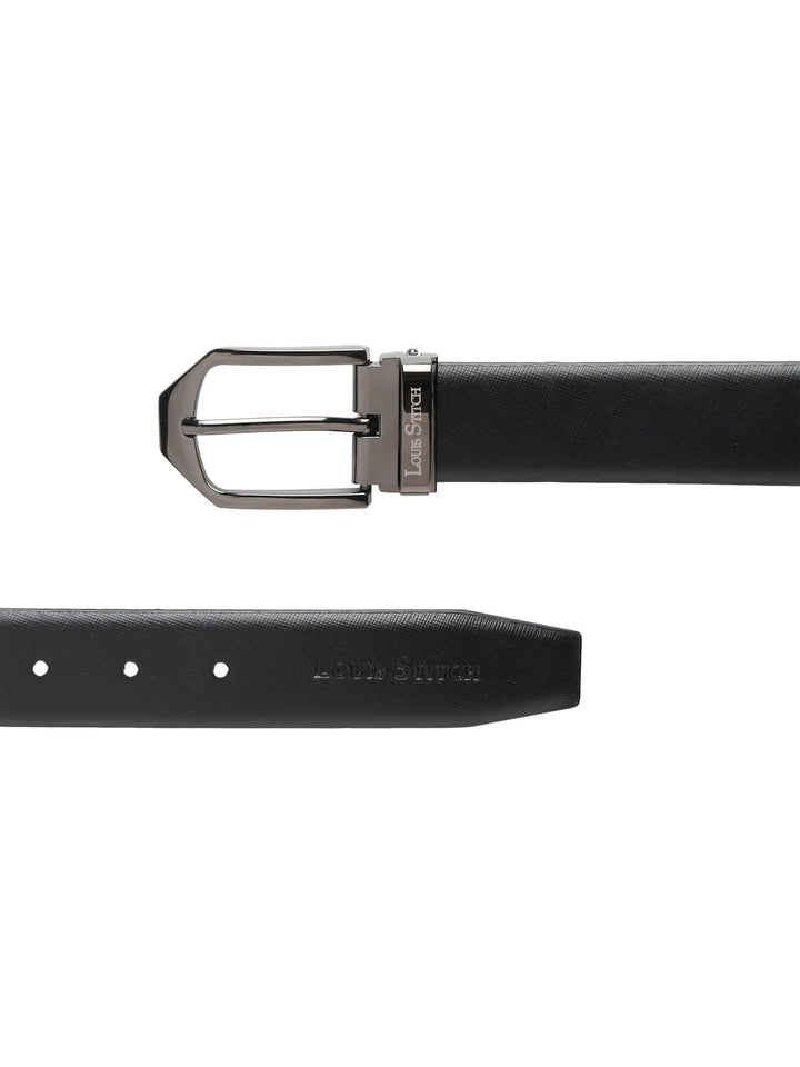 Black/Gunmetal Men's Black Formal Italian Leather Textured Belt For Men
