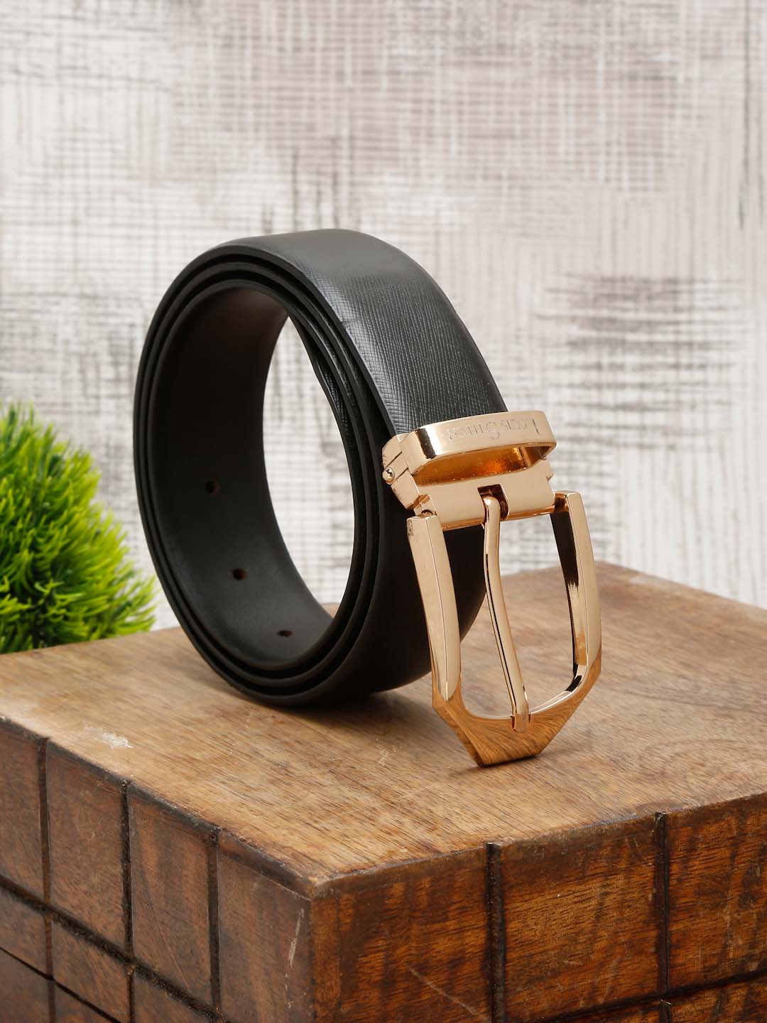 Black/Golden Men's Black Formal Italian Leather Textured Belt For Men