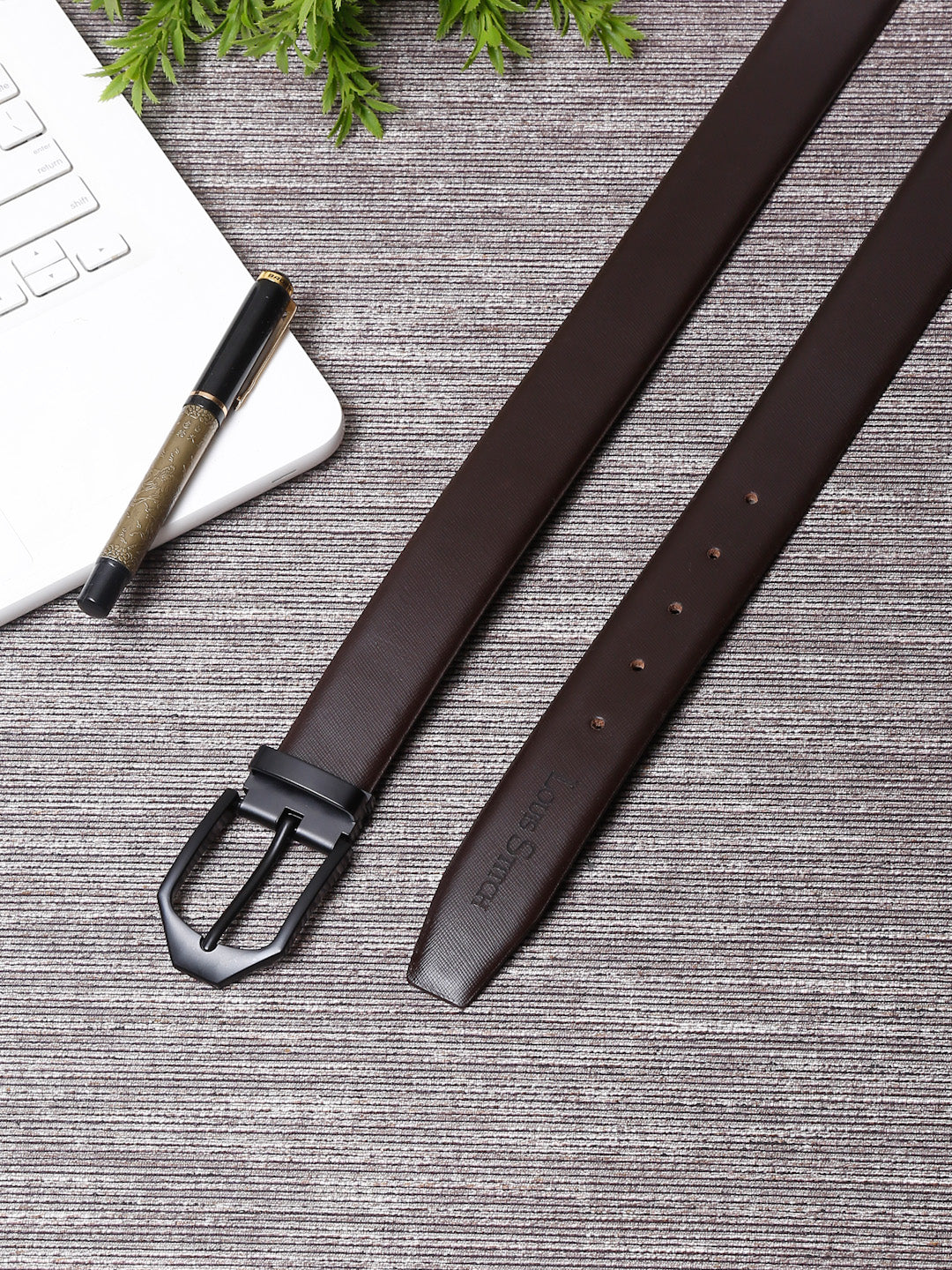 Men's Brown Formal Italian Leather Textured Belt For Men