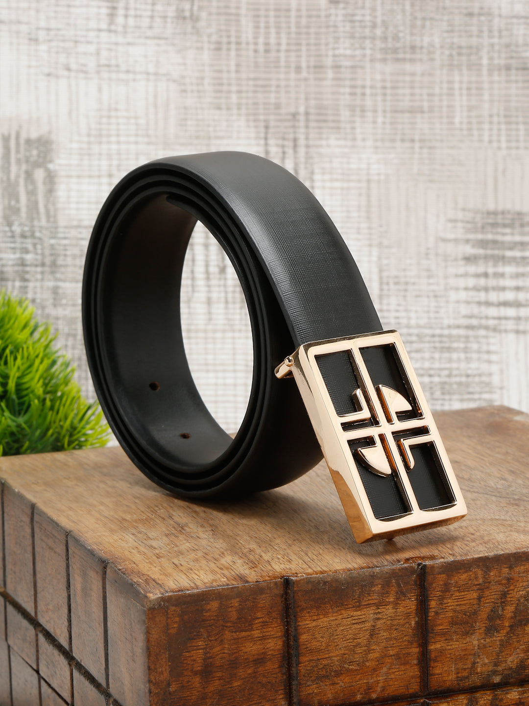 Black/Golden Men's Black Formal Italian Leather Textured Belt For Men