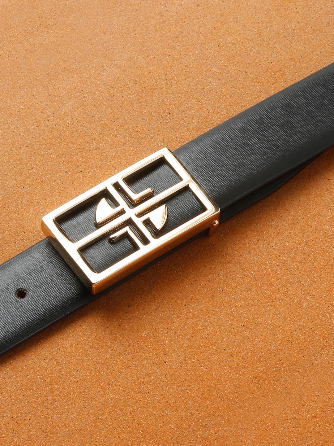 Black/Golden Men's Black Formal Italian Leather Textured Belt For Men