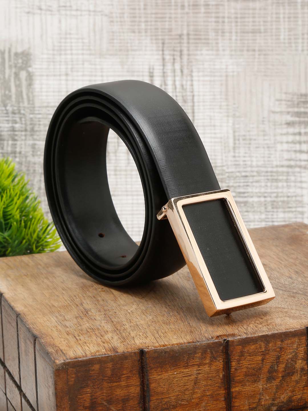 Black/Golden Men's Black Formal Italian Leather Textured Belt For Men