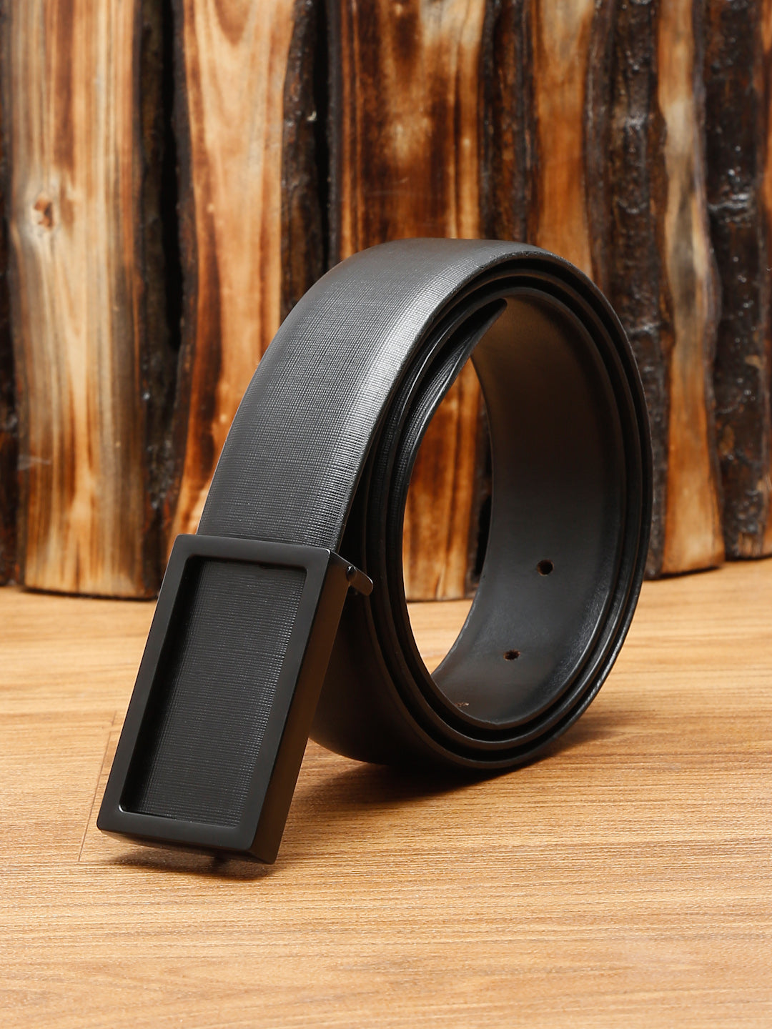 Black/Matt Gunmetal Men's Black Formal Italian Leather Textured Belt For Men