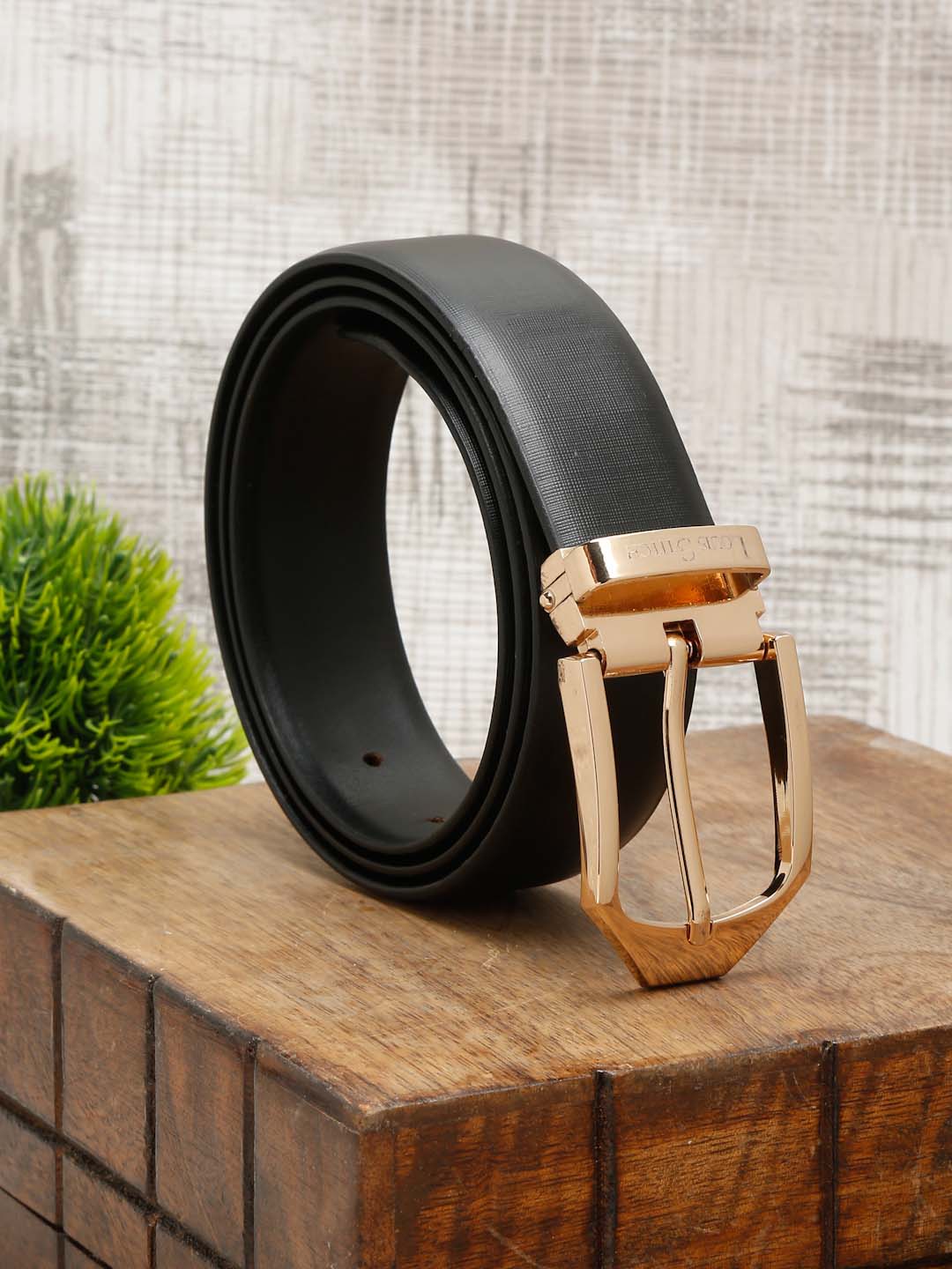 Black/Golden Men's Black Formal Italian Leather Textured Belt For Men