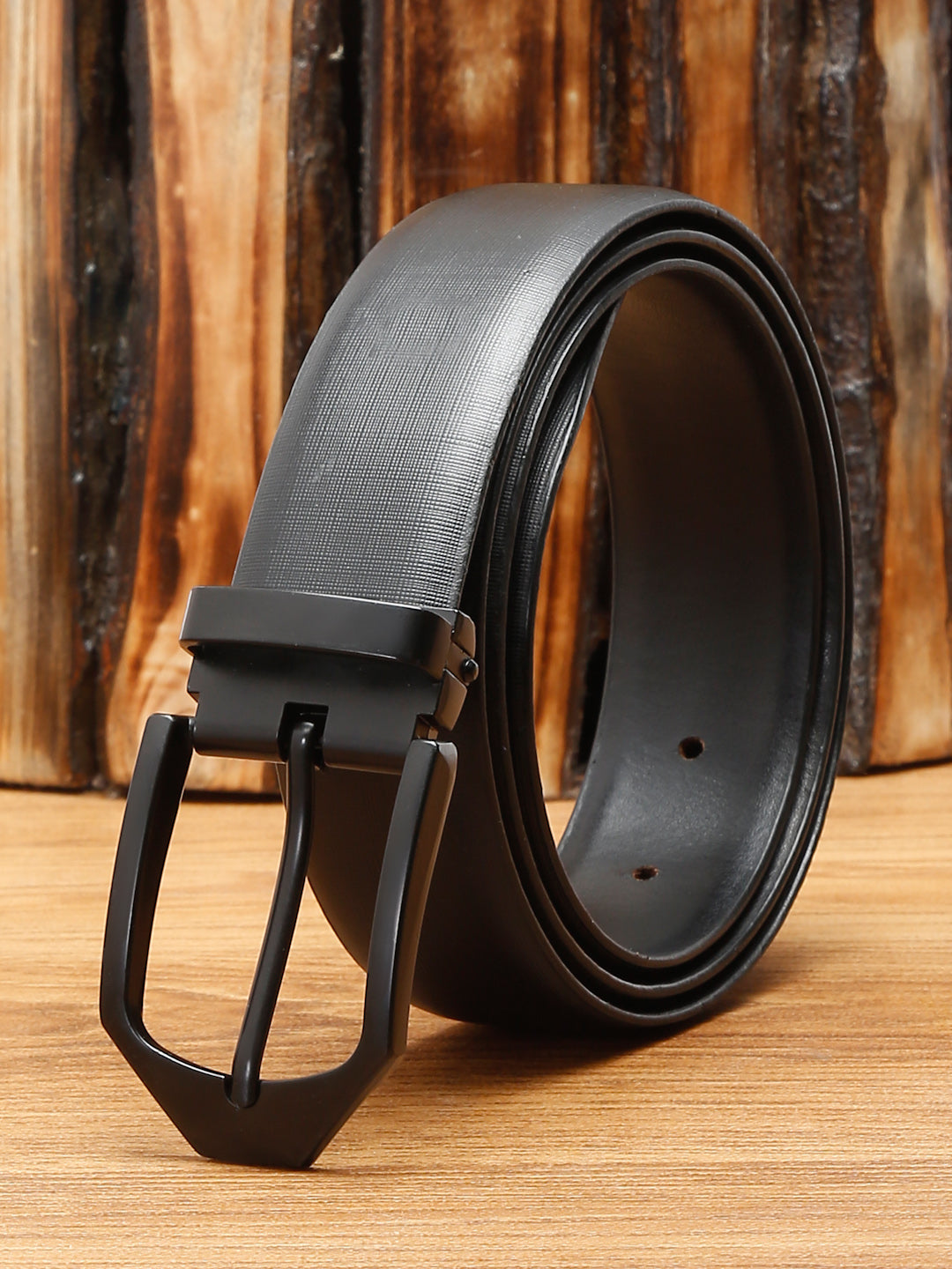 Black/Matt Gunmetal Men's Black Formal Italian Leather Textured Belt For Men
