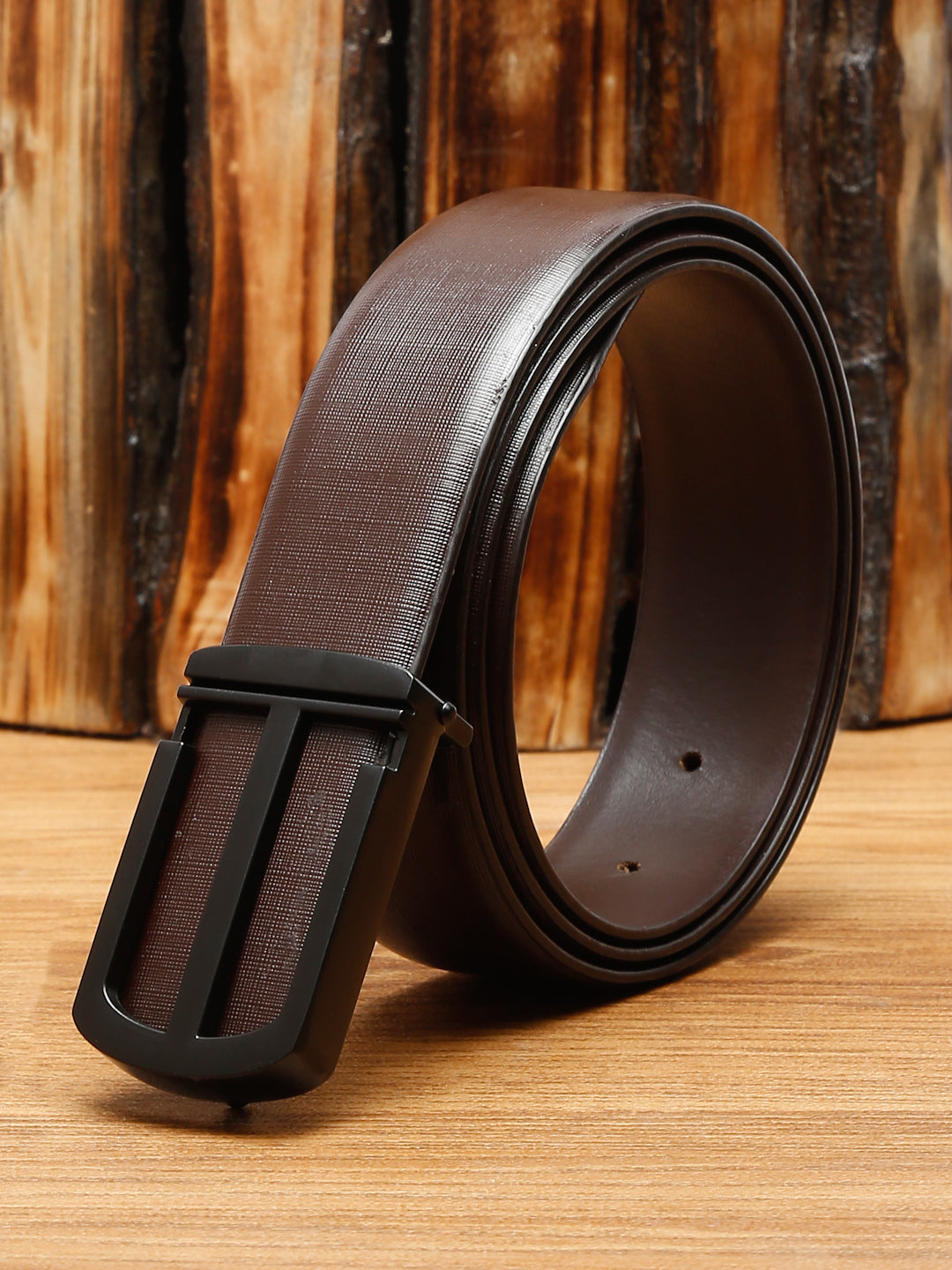 Black/Matt Gunmetal Men's Black Formal Italian Leather Textured Belt For Men