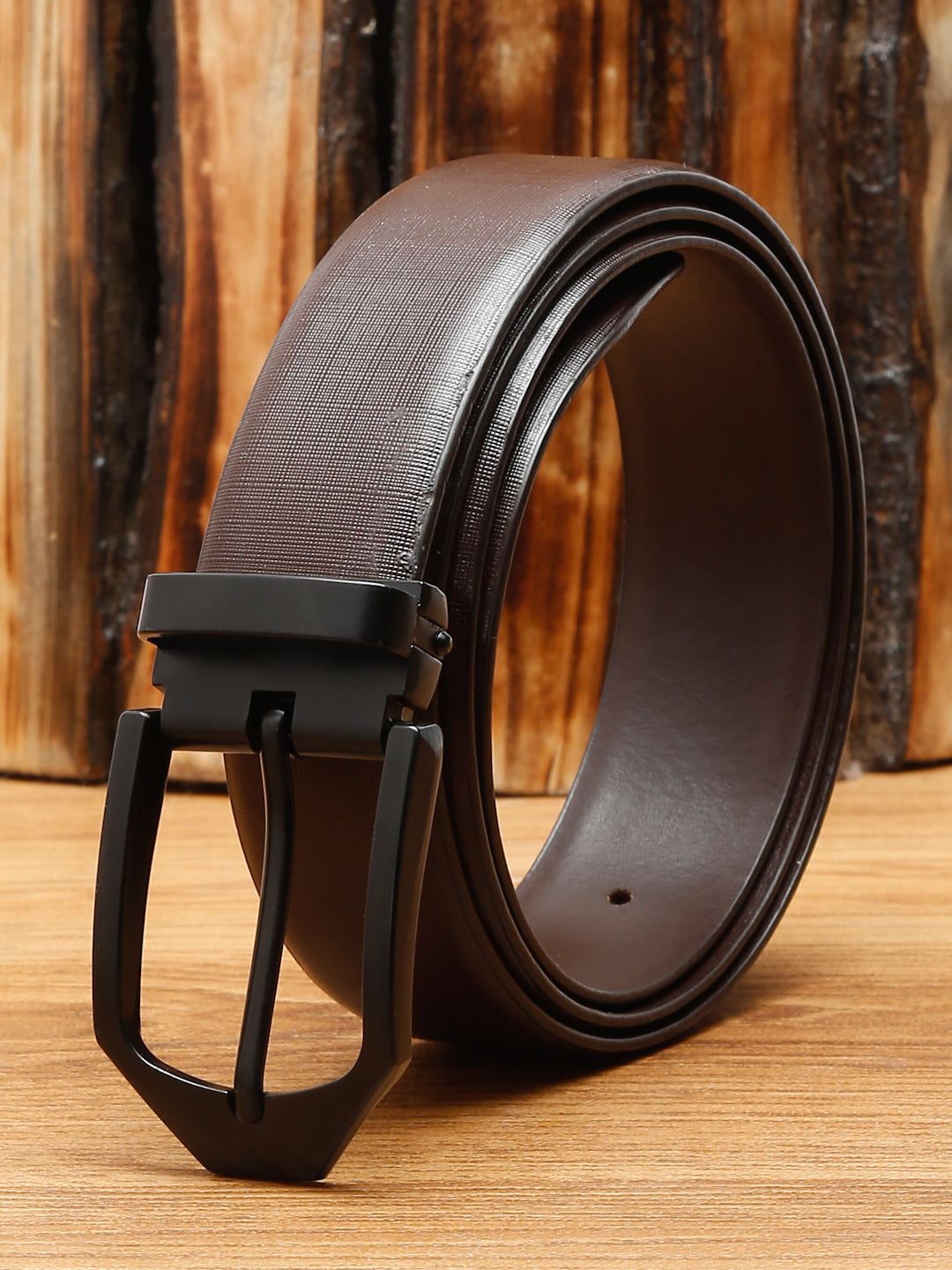 Black/Matt Gunmetal Men's Black Formal Italian Leather Textured Belt For Men