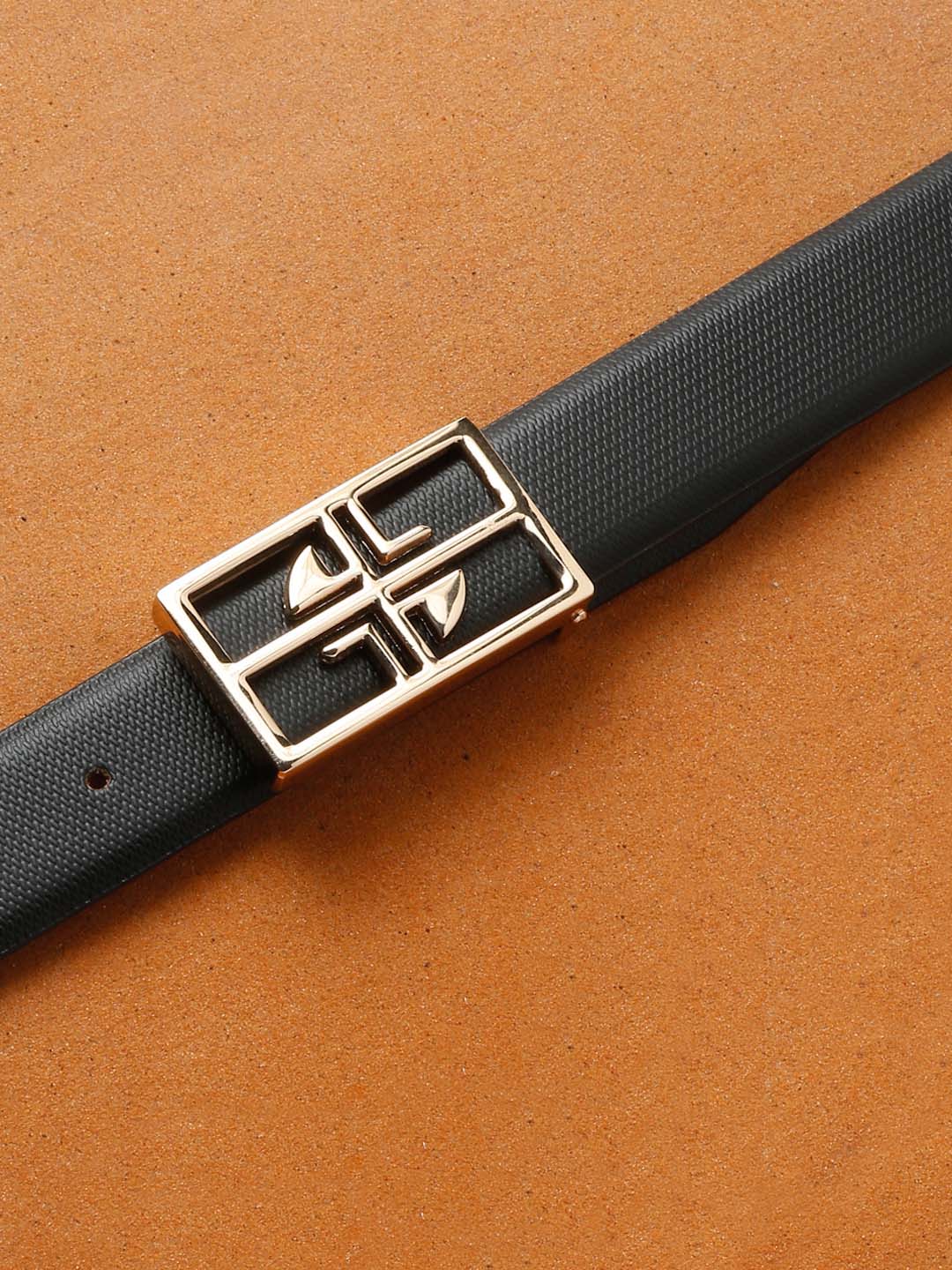 Black/Golden Men's Black Formal Italian Leather Textured Belt For Men