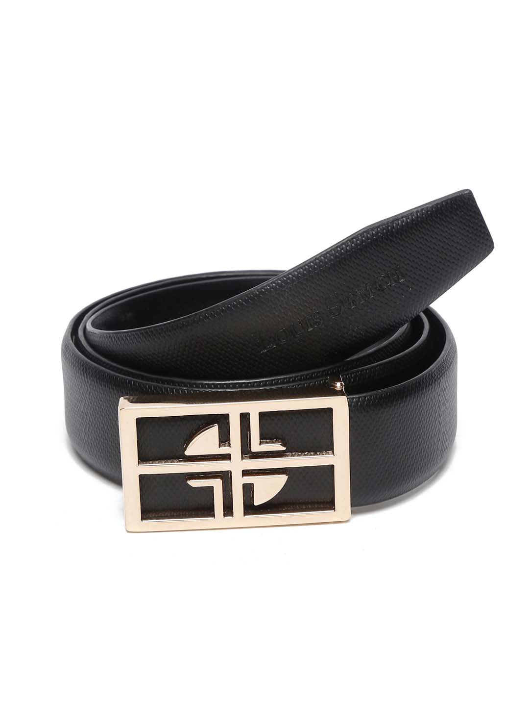 Black/Golden Men's Black Formal Italian Leather Textured Belt For Men