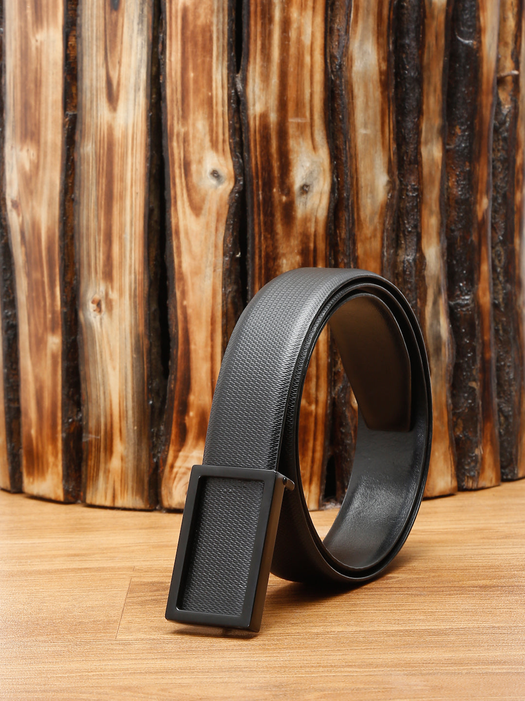 Black/Matt Gunmetal Men's Black Formal Italian Leather Textured Belt For Men