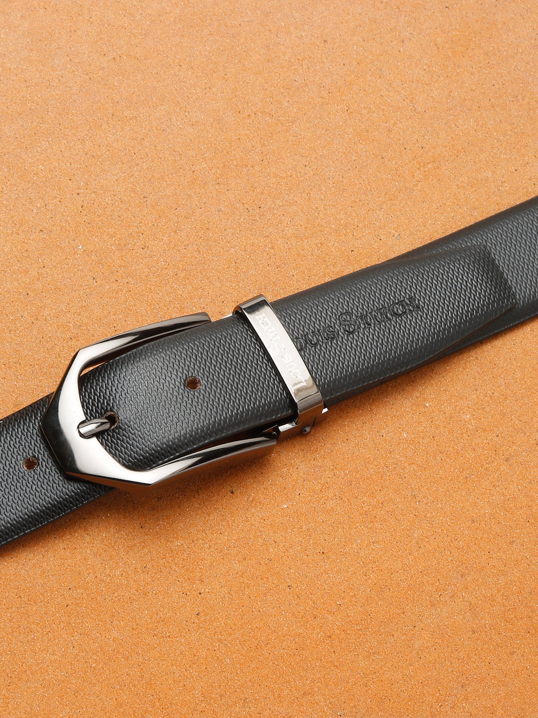 Black/Gunmetal Men's Black Formal Italian Leather Textured Belt For Men