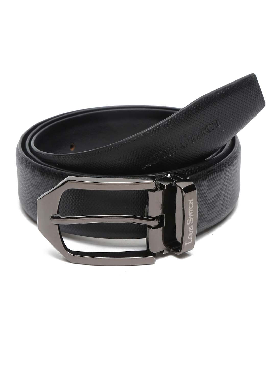 Black/Gunmetal Men's Black Formal Italian Leather Textured Belt For Men