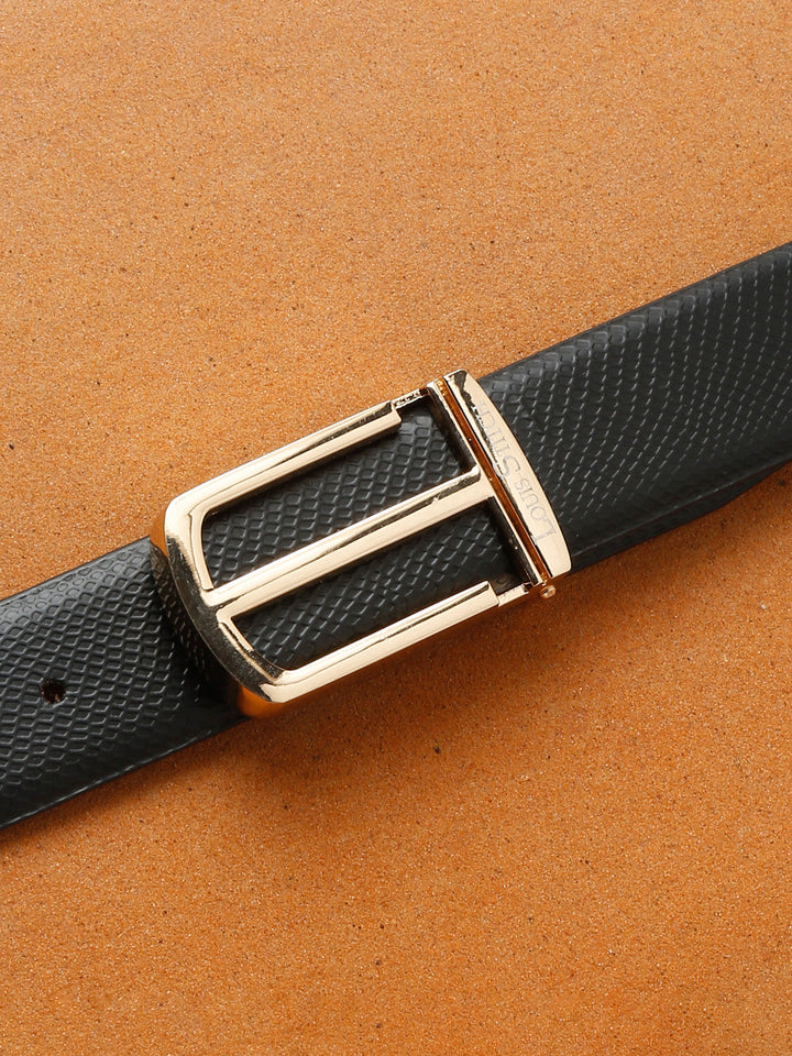 Black/Golden Men's Black Formal Italian Leather Textured Belt For Men