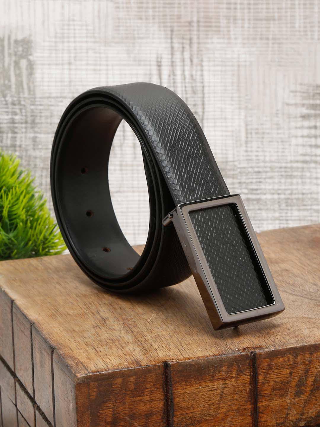 Black/Gunmetal Men's Black Formal Italian Leather Textured Belt For Men