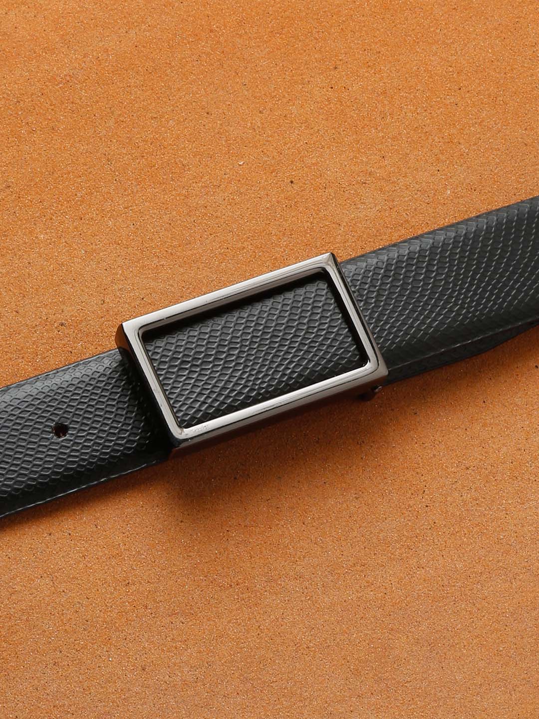 Black/Gunmetal Men's Black Formal Italian Leather Textured Belt For Men