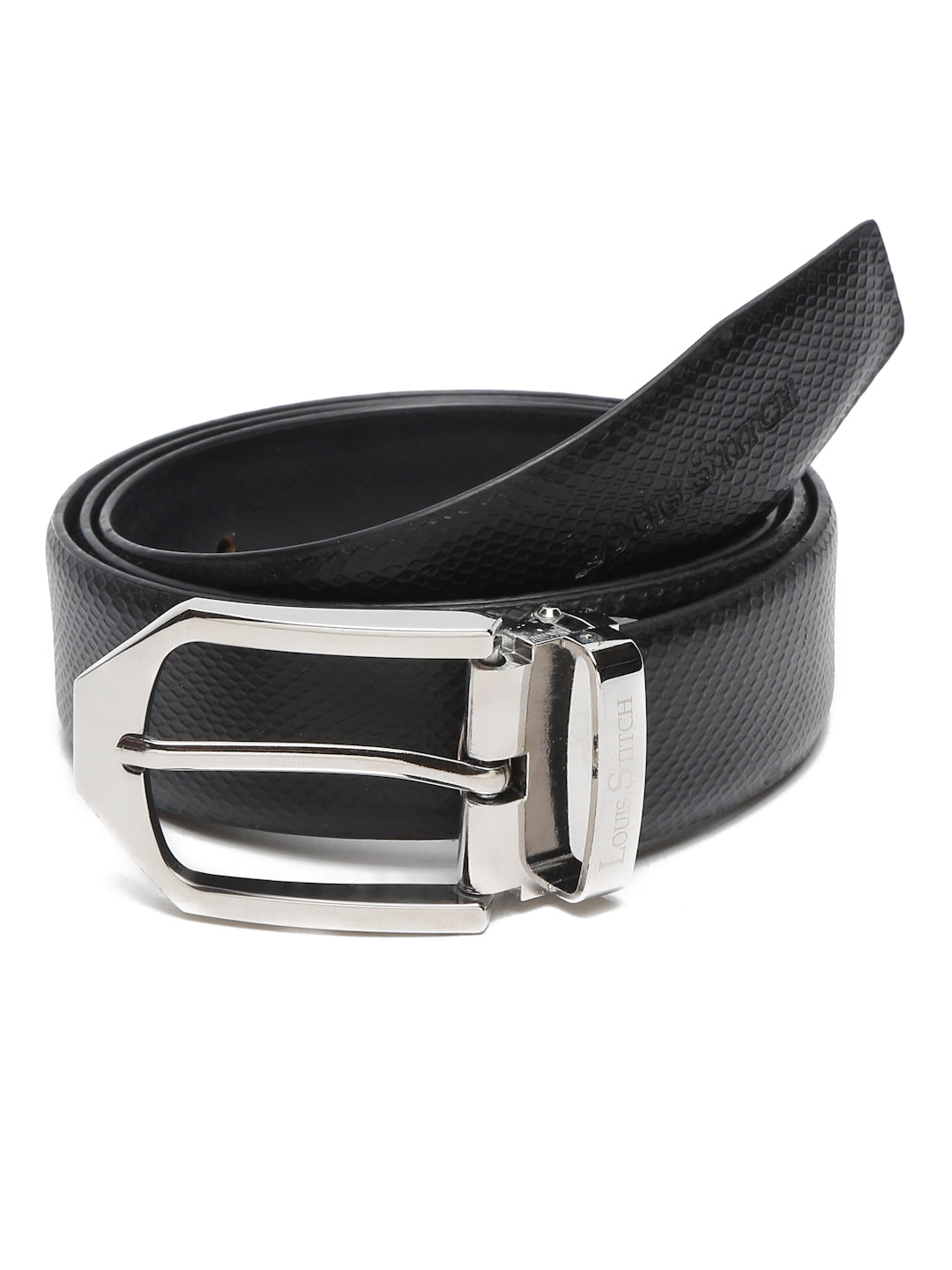 Black/Chrome Men's Black Formal Italian Leather Textured Belt For Men