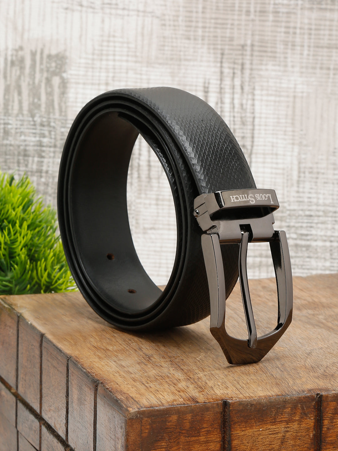 Black/Gunmetal Men's Black Formal Italian Leather Textured Belt For Men