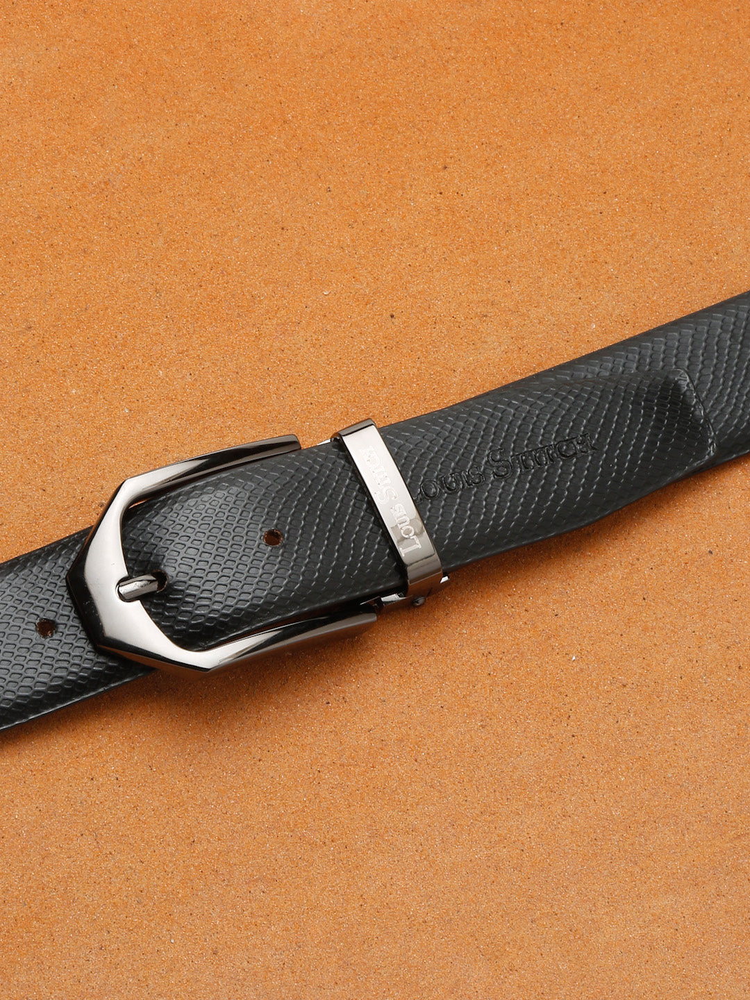 Black/Gunmetal Men's Black Formal Italian Leather Textured Belt For Men