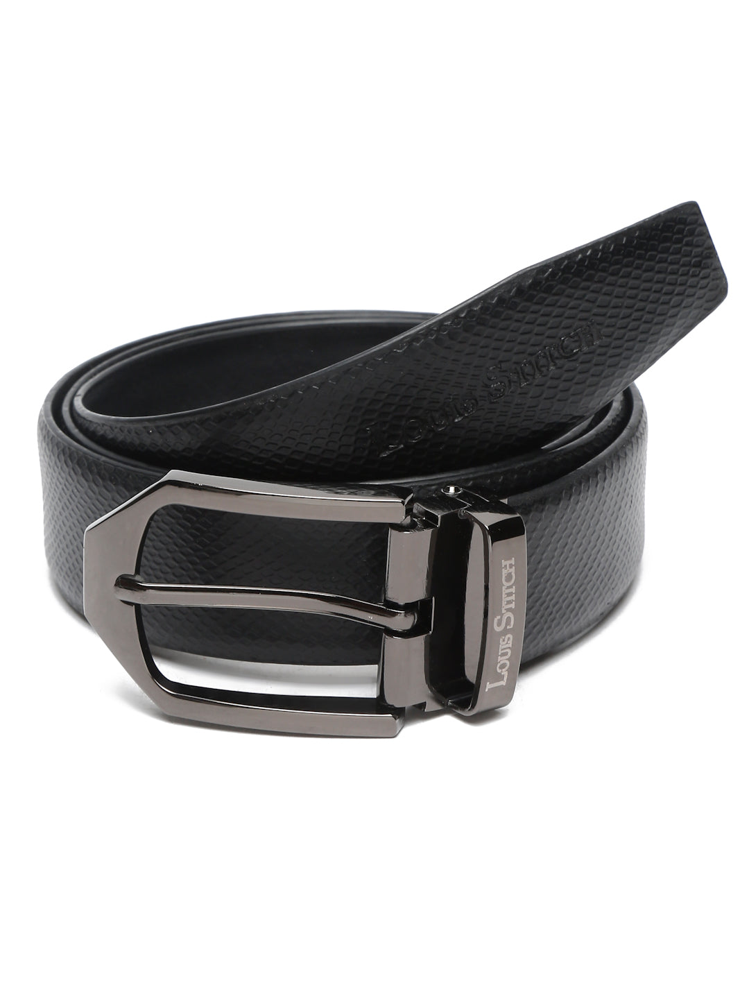 Black/Gunmetal Men's Black Formal Italian Leather Textured Belt For Men