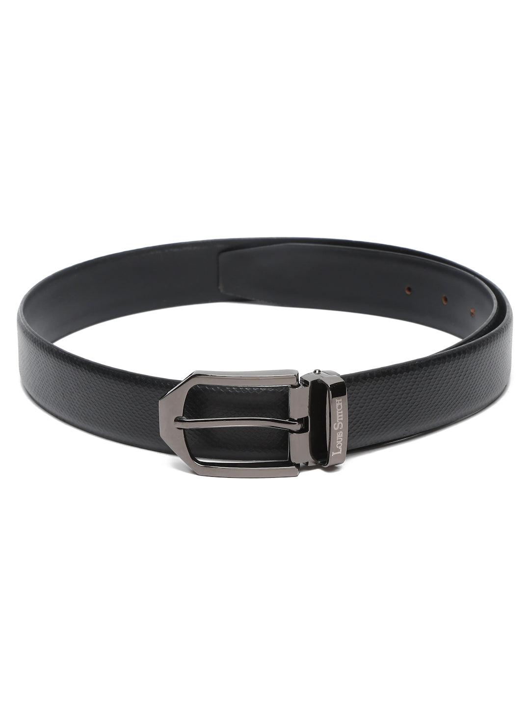 Black/Gunmetal Men's Black Formal Italian Leather Textured Belt For Men