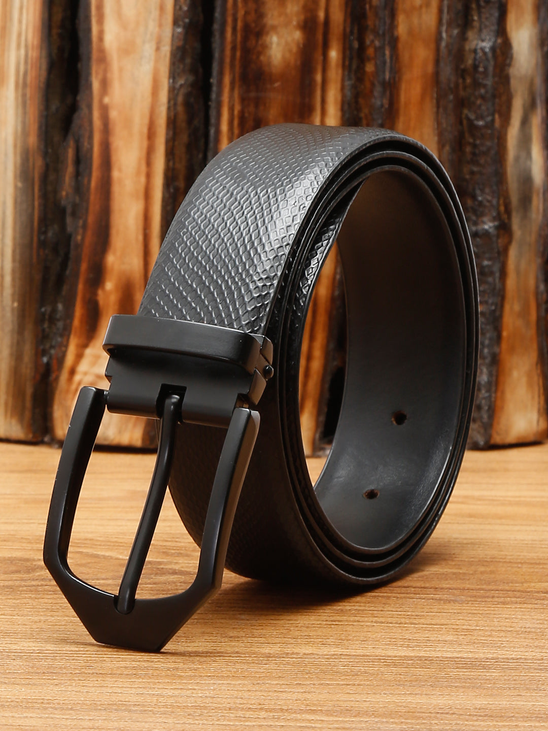 Black/Matt Gunmetal Men's Black Formal Italian Leather Textured Belt For Men