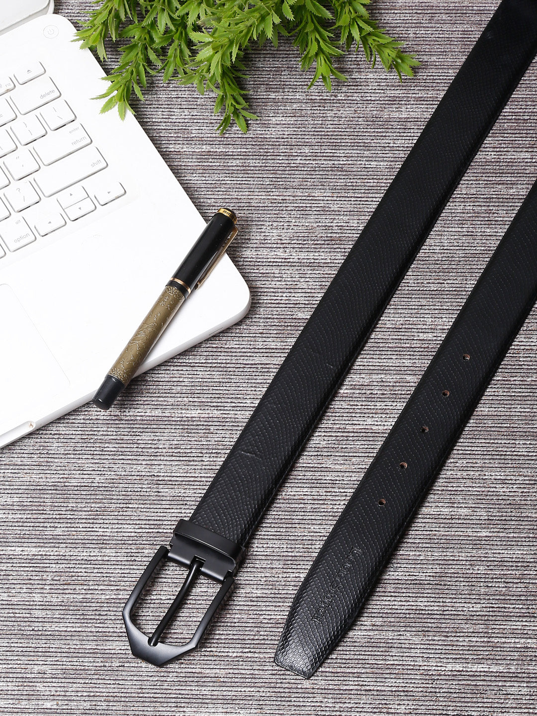 Black/Matt Gunmetal Men's Black Formal Italian Leather Textured Belt For Men