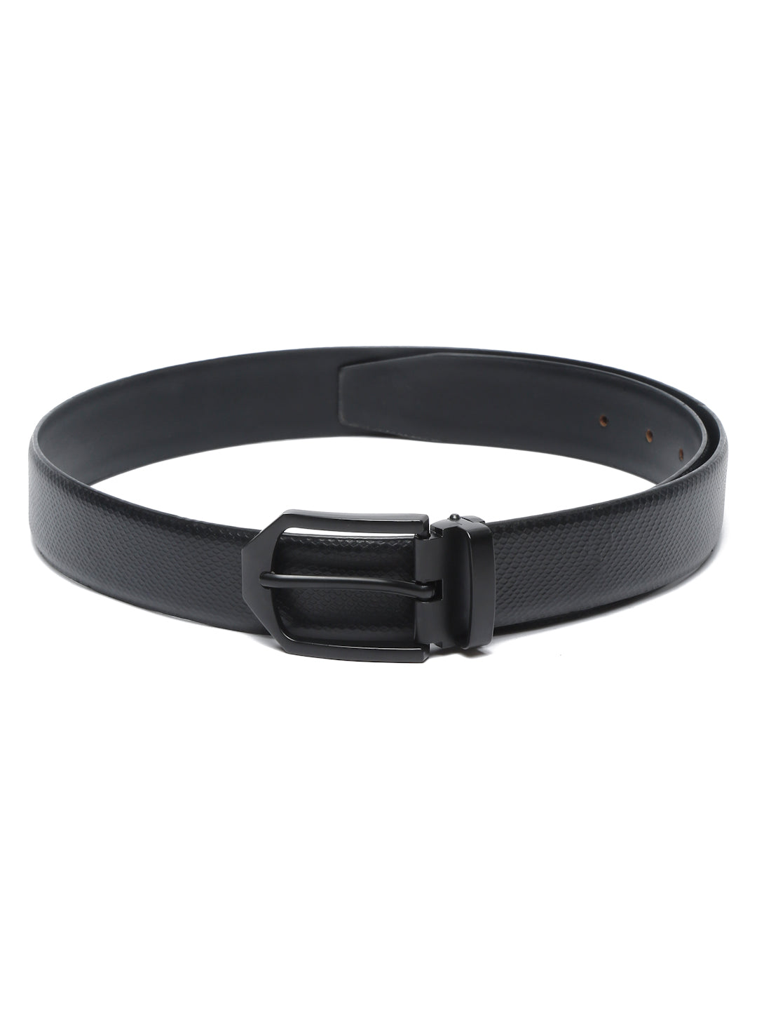 Black/Matt Gunmetal Men's Black Formal Italian Leather Textured Belt For Men
