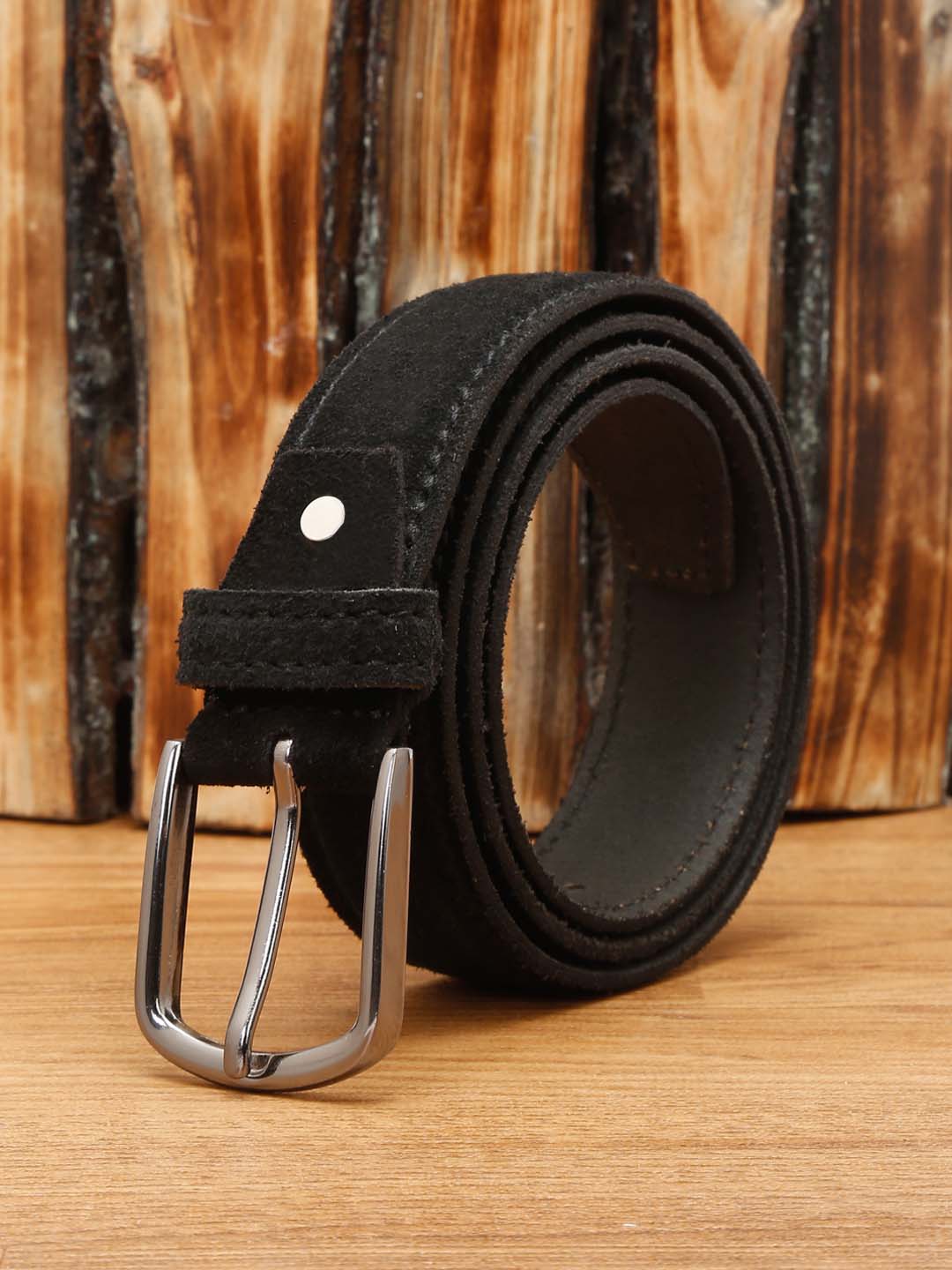 Black Men'S Midnight Black Italian Suede Leather Belt Handcrafted With Glossy Buckle