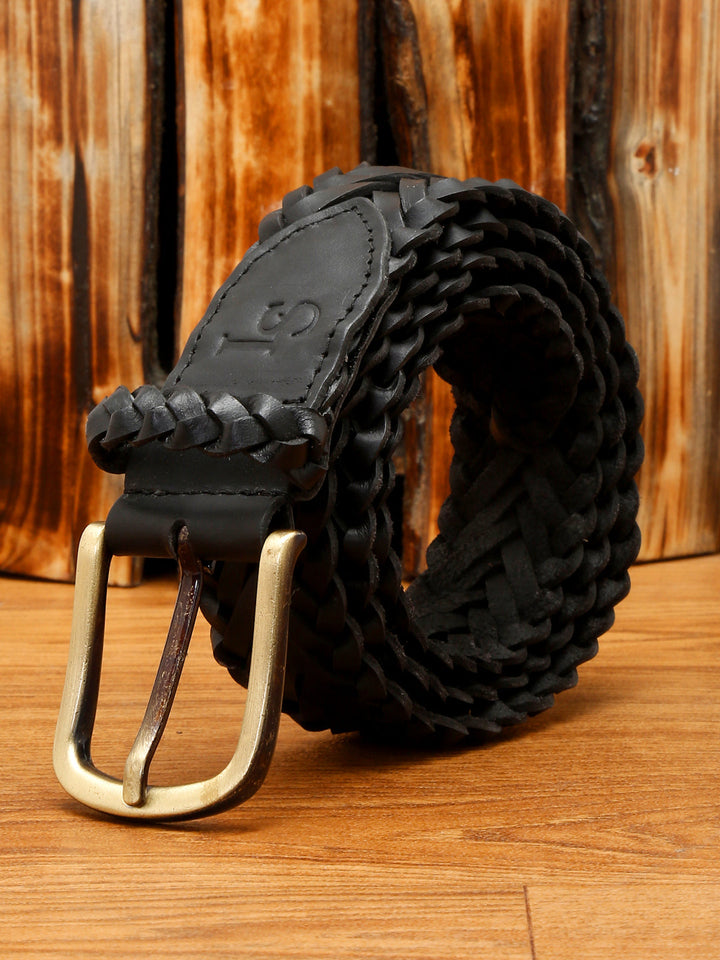 Jet Black LOUIS STITCH Men's Jet Black Italian Leather Belt Premium Spanish Style Weaved Casual Belts for Men