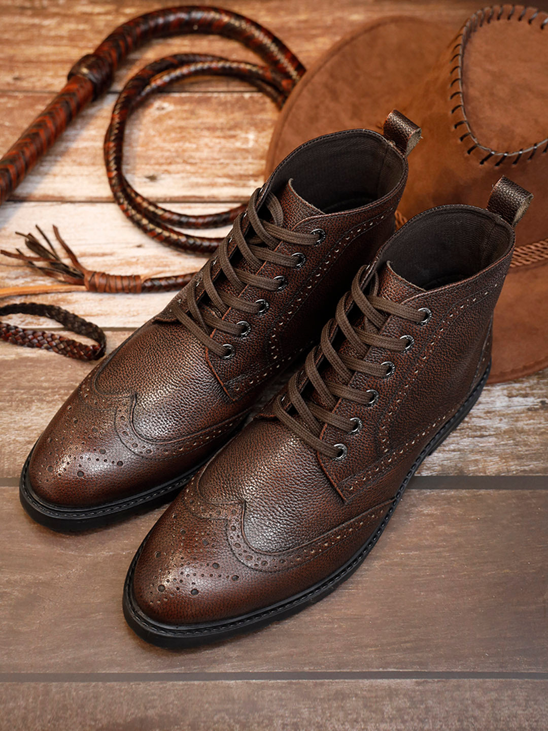 Brunette Brown Handcrafted Italian Leather High Ankle Chukka Brogue Boots