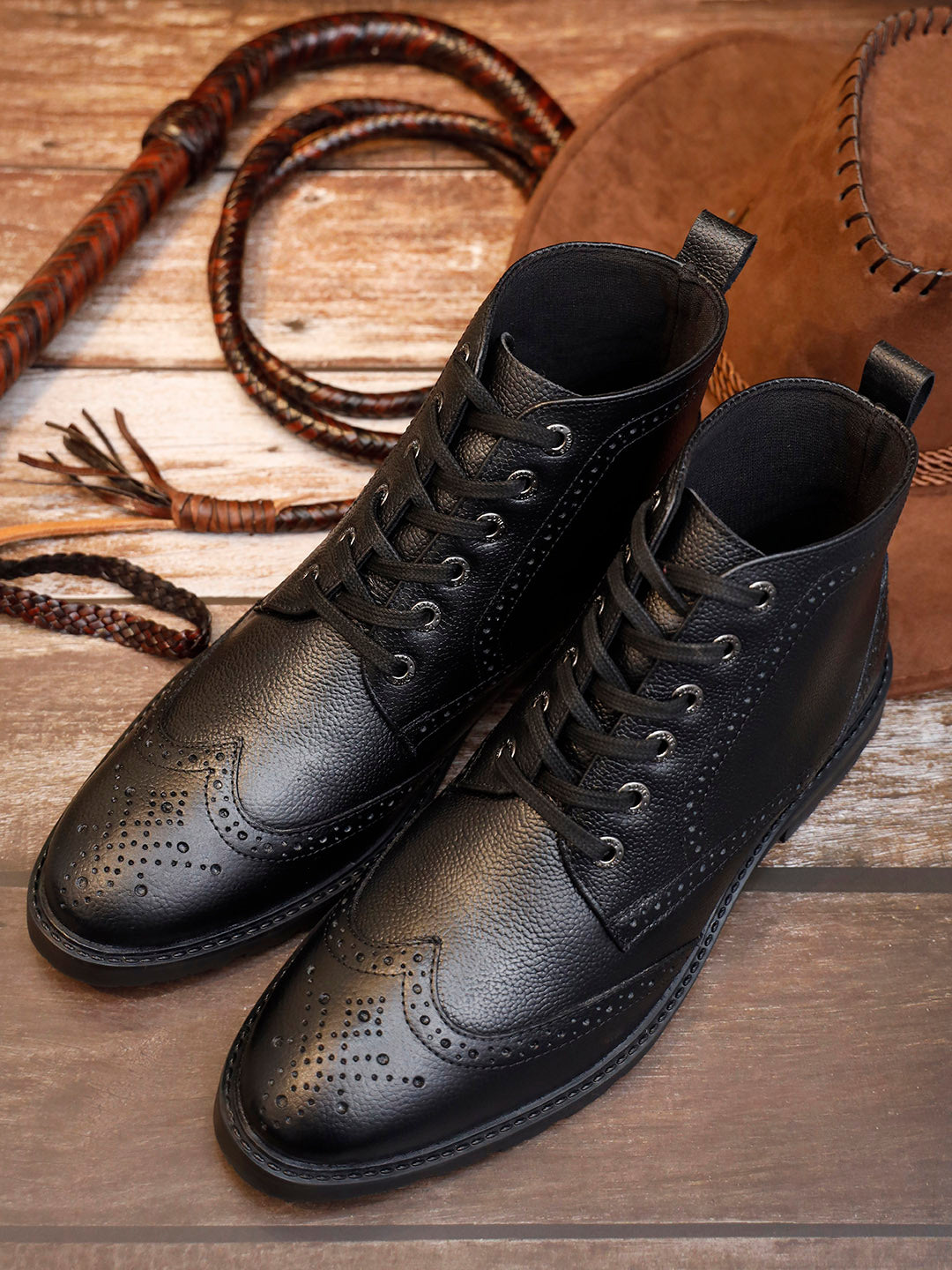 Jet Black Handcrafted Italian Leather High Ankle Chukka Brogue Boots