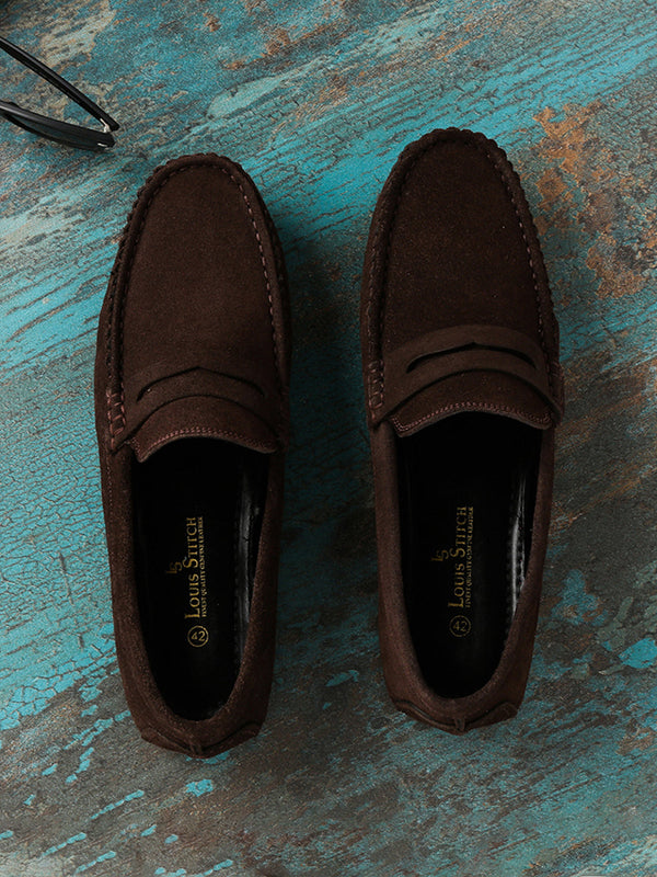 Brunette Brown Handmade Italian Suede Leather Penny Loafers