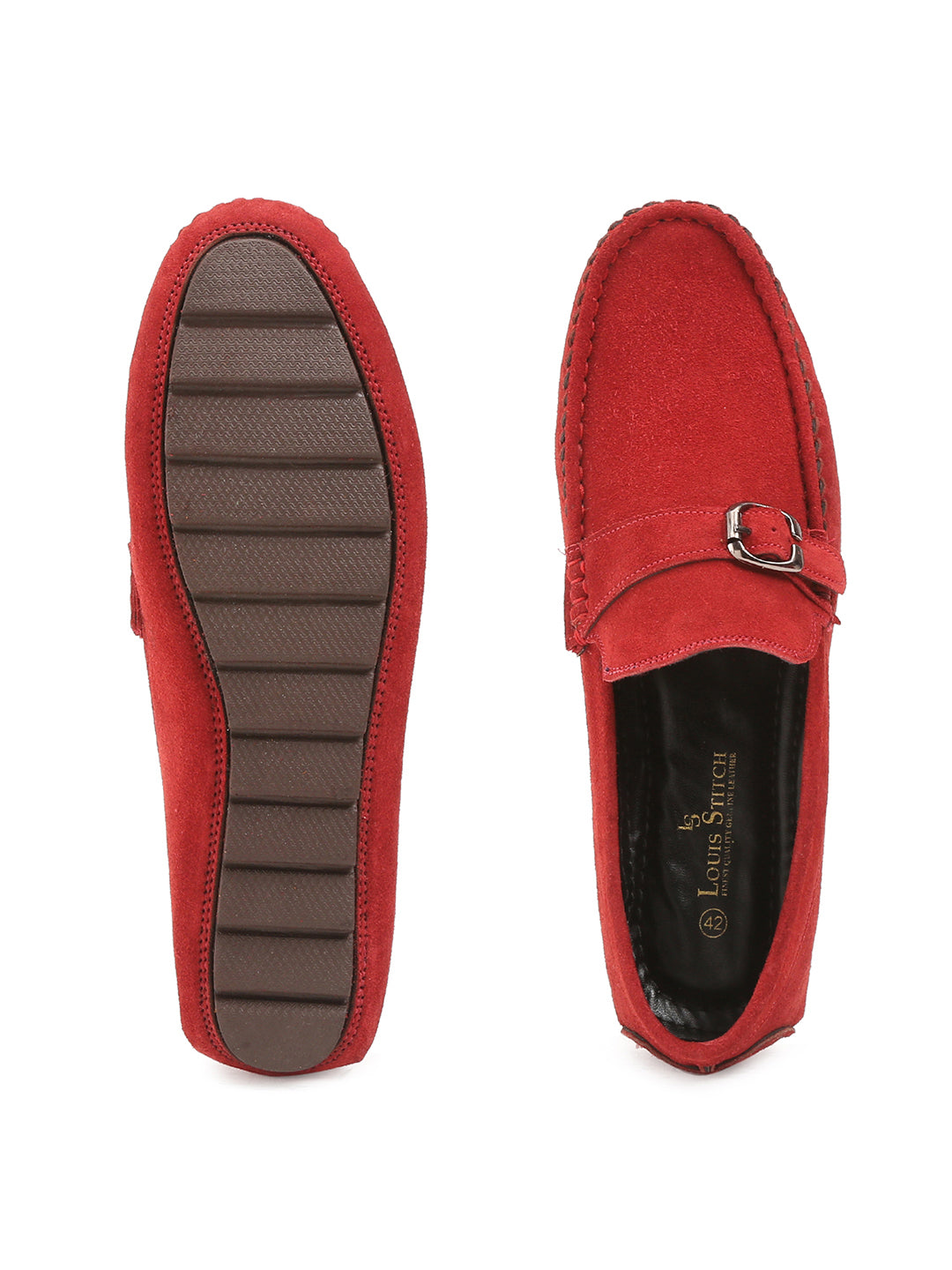 Ferrari Red Handmade Italian Suede Leather Solid Penny Loafers with Buckle