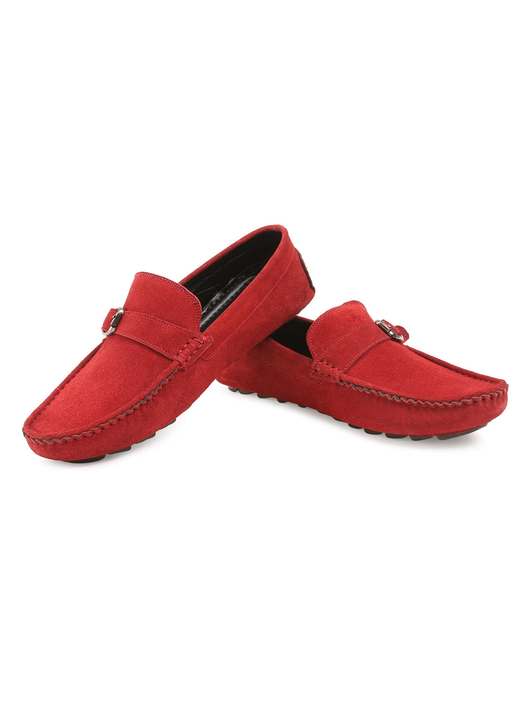 Ferrari Red Handmade Italian Suede Leather Solid Penny Loafers with Buckle