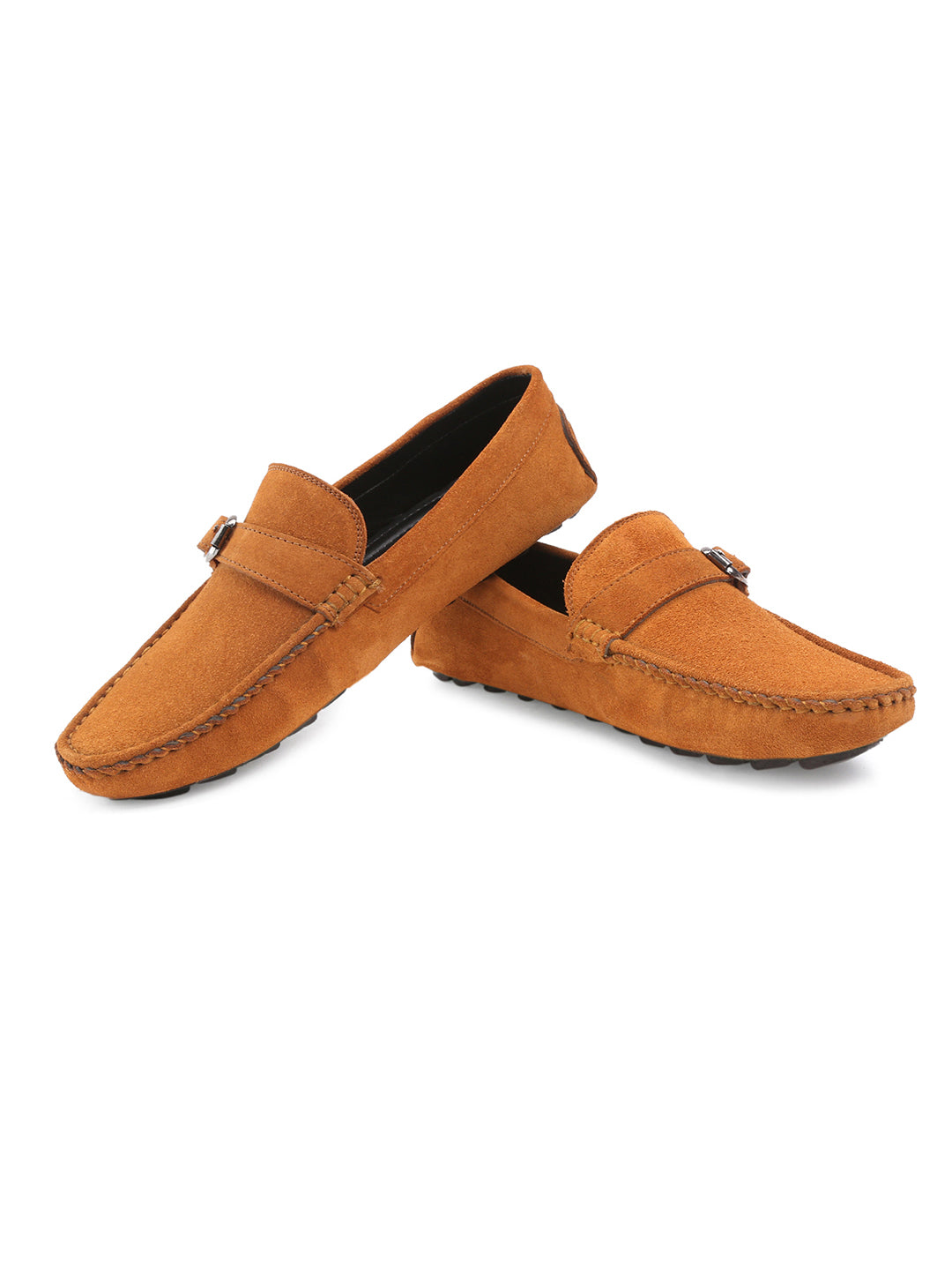 Tortilla Brown Handmade Italian Suede Leather Solid Penny Loafers with Buckle