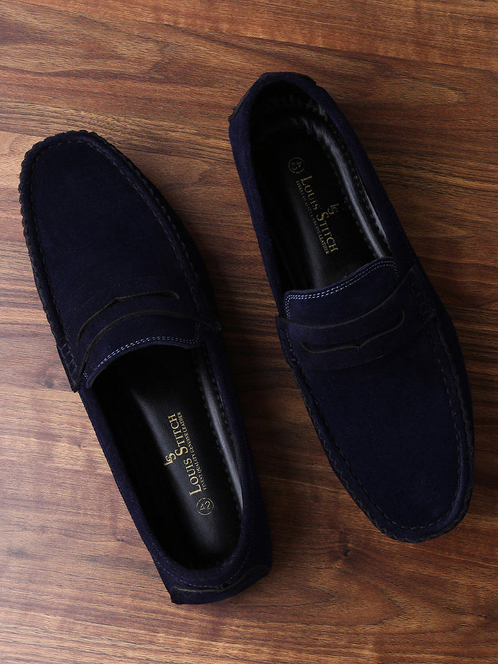 Federal Blue Handmade Italian Suede Leather Penny Loafers