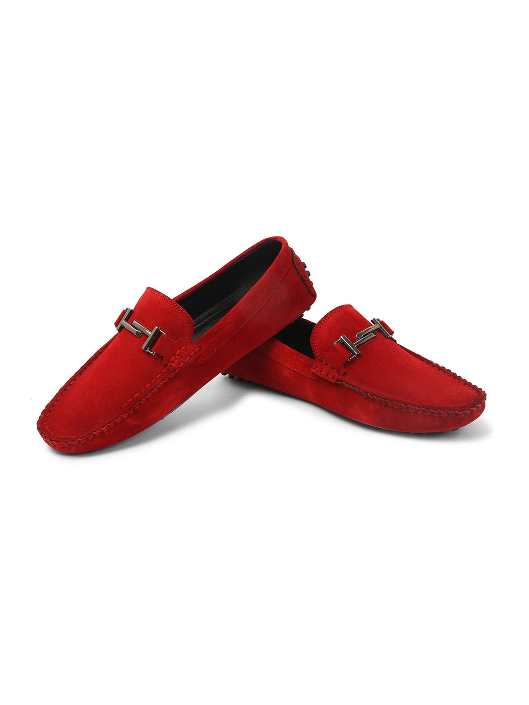 Ferrari Red Handmade Italian Suede Leather Penny Loafers with Designer Buckle