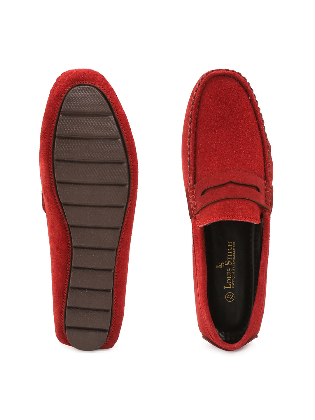 Ferrari Red Handmade Italian Suede Leather Solid Penny Loafers