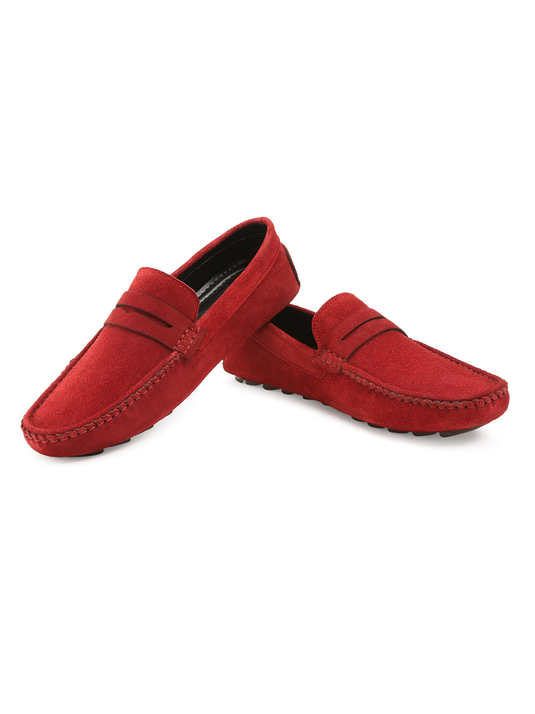 Ferrari Red Handmade Italian Suede Leather Solid Penny Loafers