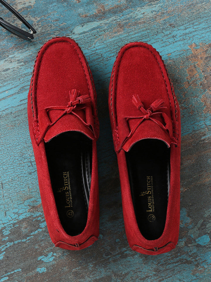Ferrari Red Handmade Italian Suede Leather Penny Tassel Loafers